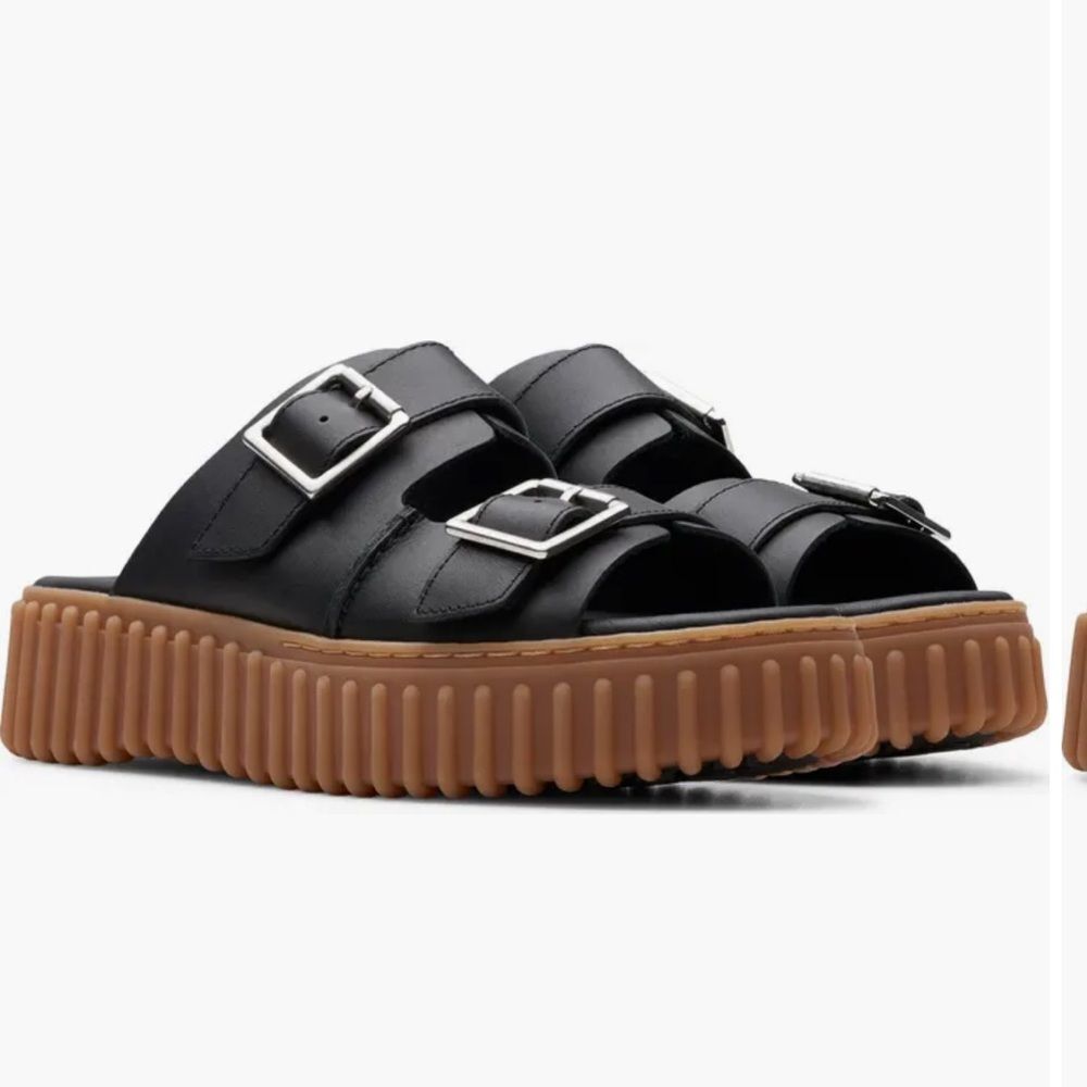 Clarks Womens Torhill Platform Slides Black Leather Sz 9 Chunky Sandal NEW